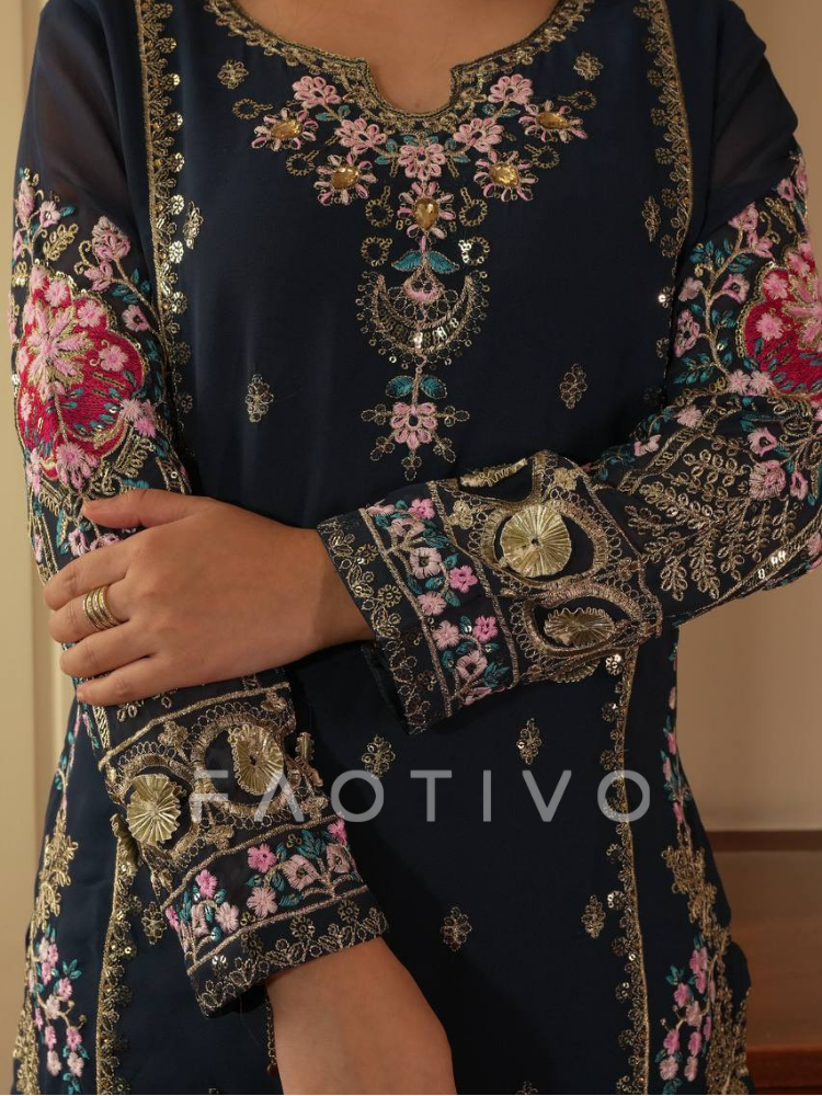 Sequin Embroidered Faux Georgette Sharara-Pair