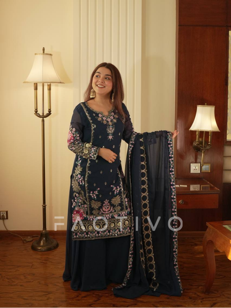 Sequin Embroidered Faux Georgette Sharara-Pair