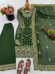 Designer Heavy Faux Georgette Embroidered Kurti Pant Dupatta Set