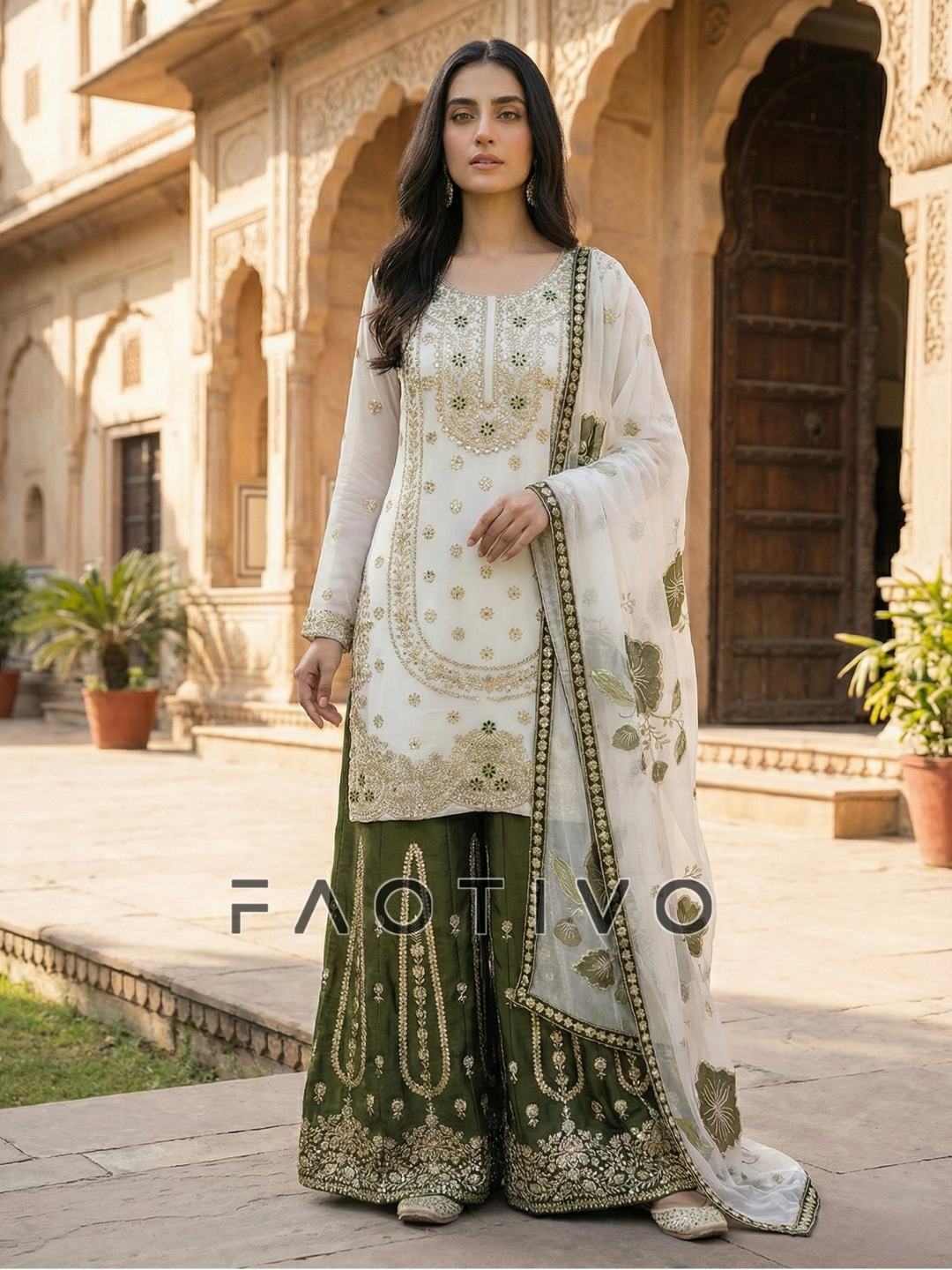 Designer GMY Silk Embroidered Kurti Plazzo Dupatta Set