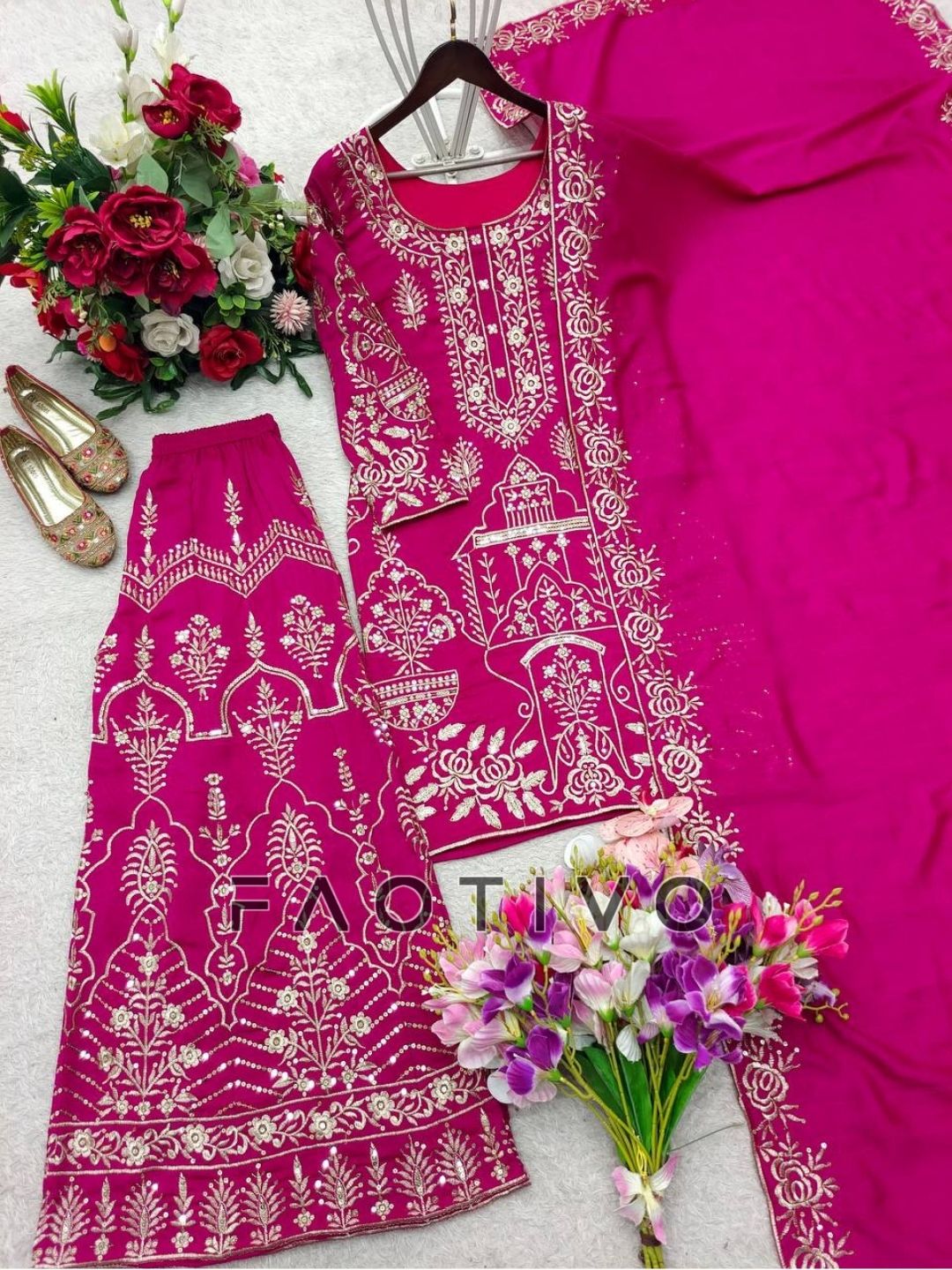 Premium Designer CP Vichitra Silk Top Sharara Dupatta Set