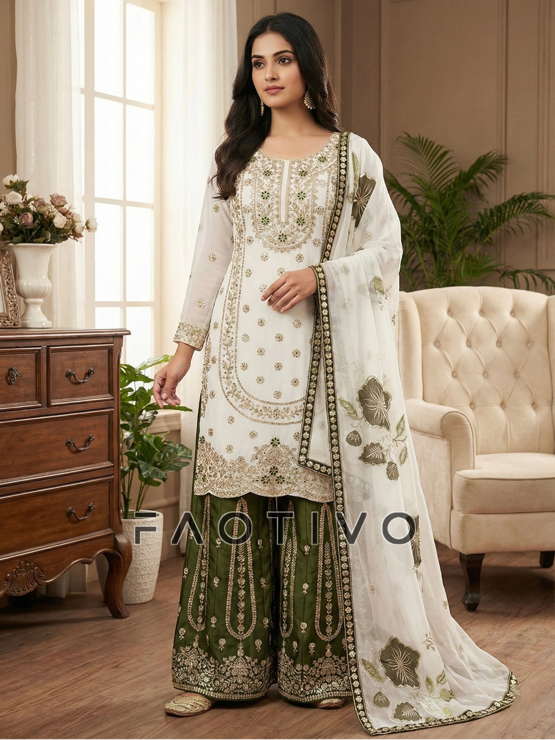 Designer GMY Silk Embroidered Kurti Plazzo Dupatta Set