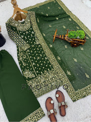 Designer Heavy Faux Georgette Embroidered Kurti Pant Dupatta Set