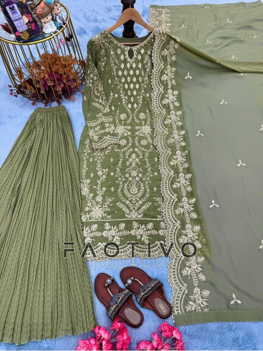 Premium Designer Faux Georgette Top Plazzo Dupatta Set
