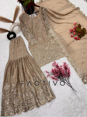 Chinnon Silk Embroidered Sharara Suit 3 Piece Top Sharara Dupatta Set
