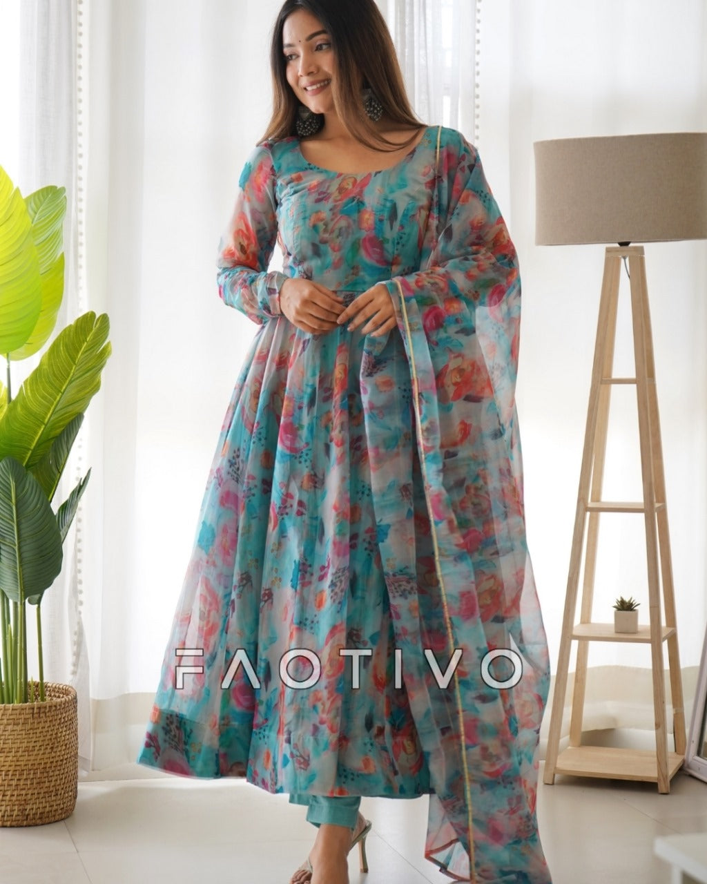 Women’s Heavy Organza Silk Printed Anarkali Set with  Lucknowi Belt