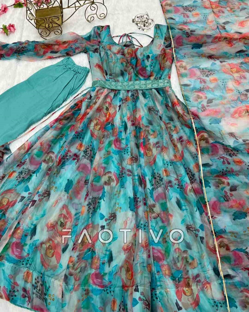 Women’s Heavy Organza Silk Printed Anarkali Set with  Lucknowi Belt