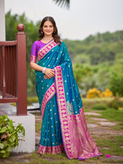 Teal Blue Kanjivaram Style Silk Saree with Pink Gold Zari Border