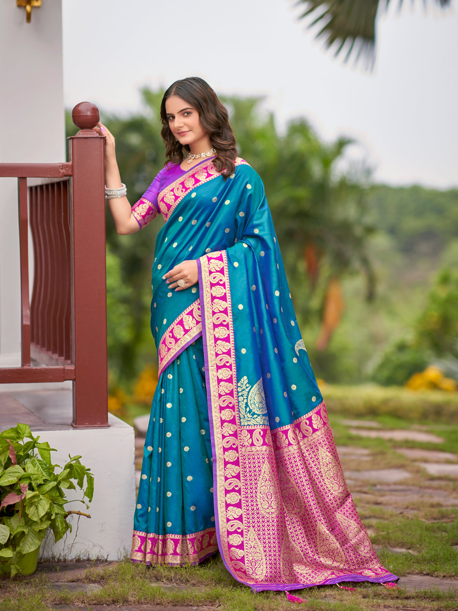 Peacock Blue & Magenta Pink Woven Jacquard Silk Saree with Blouse Piece