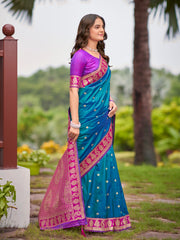 Teal Blue Kanjivaram Style Silk Saree with Pink Gold Zari Border