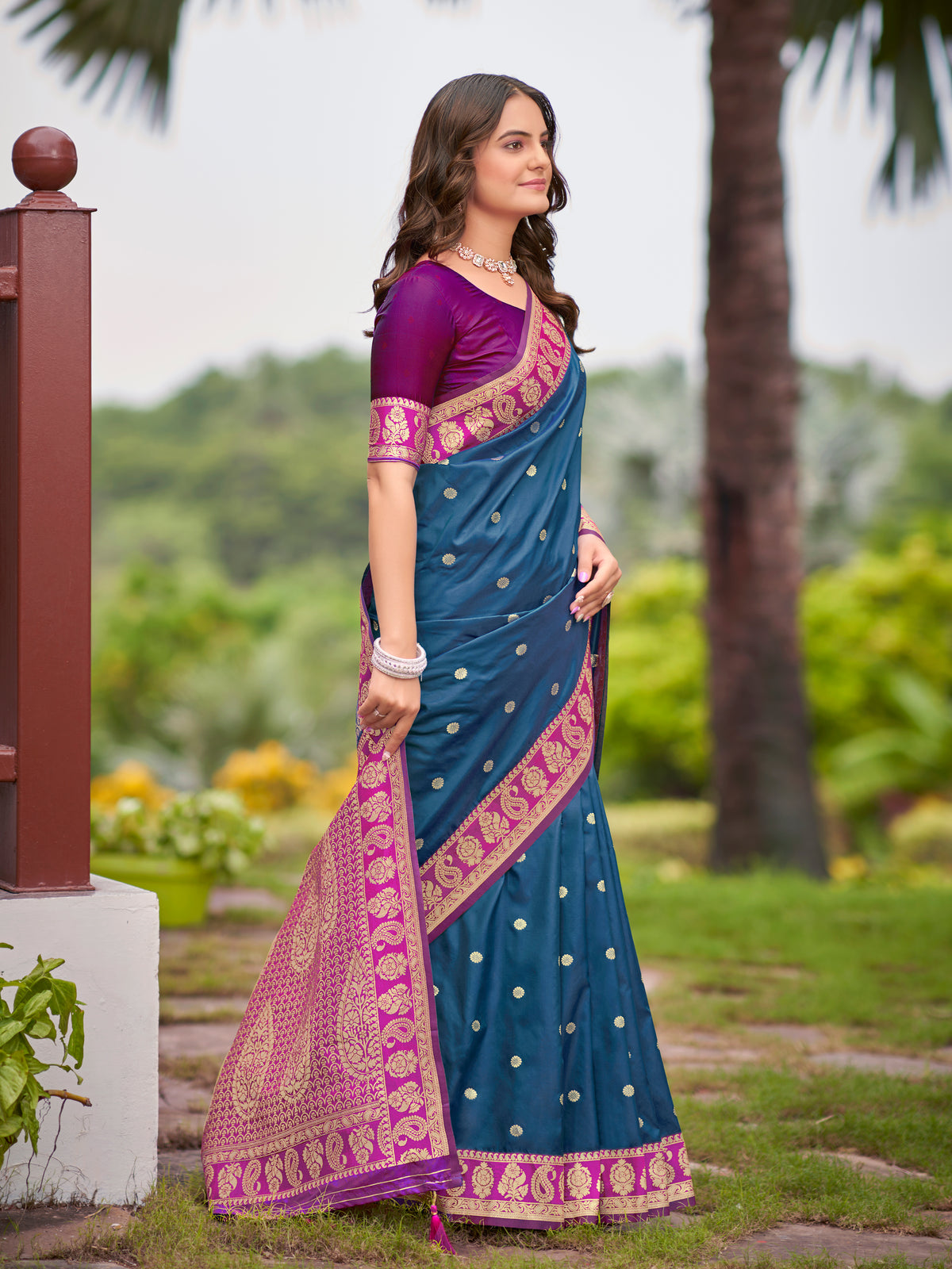 Navy Blue & Pink Designer Saree with Gold-Tone Butti & Rich Woven Border