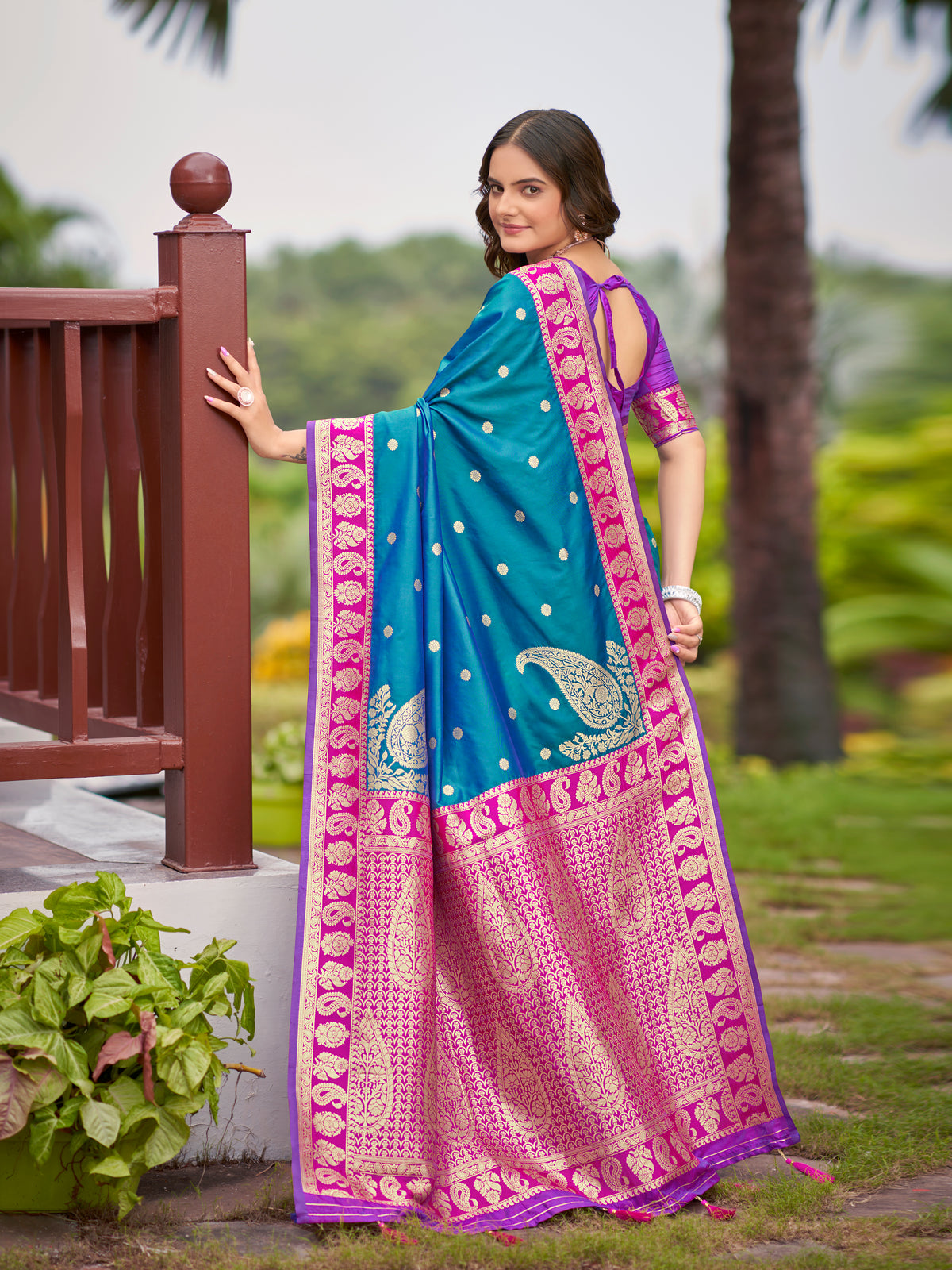 Teal Blue Kanjivaram Style Silk Saree with Pink Gold Zari Border