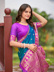 Peacock Blue & Magenta Pink Woven Jacquard Silk Saree with Blouse Piece