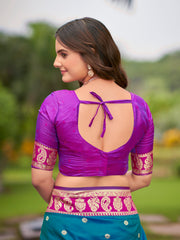 Teal Blue Kanjivaram Style Silk Saree with Pink Gold Zari Border