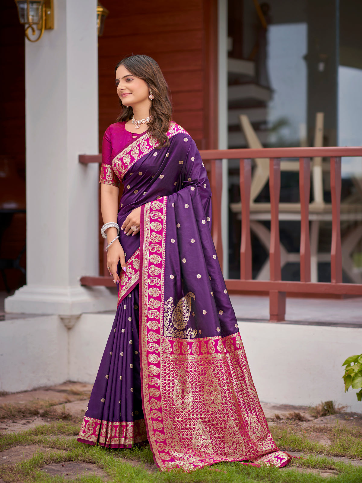 Royal Purple Silk Saree with Magenta Pink & Gold Zari Border | Traditional Indian Ethnic Wear