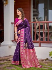 Deep Purple & Magenta Pink Woven Jacquard Silk Saree with Blouse Piece