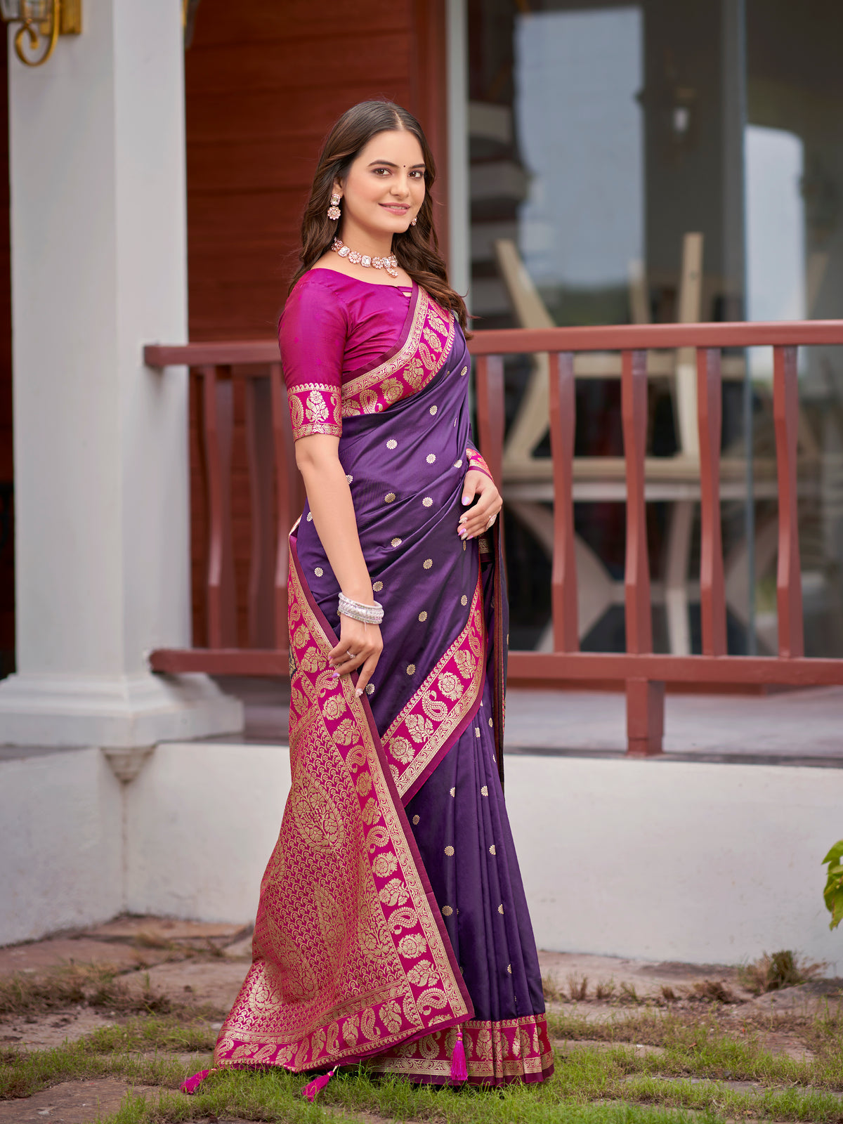 Deep Purple & Magenta Pink Woven Jacquard Silk Saree with Blouse Piece