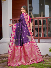 Deep Purple & Magenta Pink Woven Jacquard Silk Saree with Blouse Piece