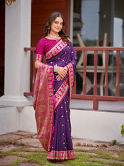 Deep Purple & Magenta Pink Woven Jacquard Silk Saree with Blouse Piece