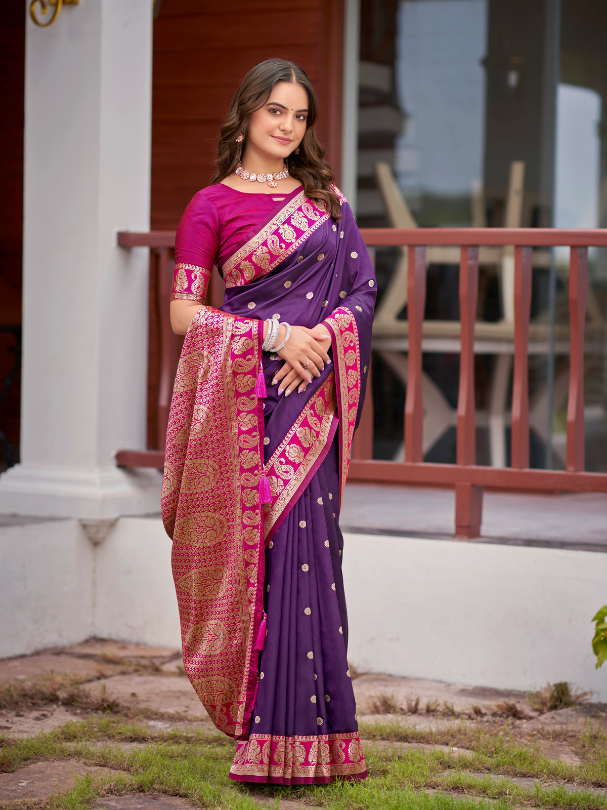 Deep Purple & Magenta Pink Woven Jacquard Silk Saree with Blouse Piece