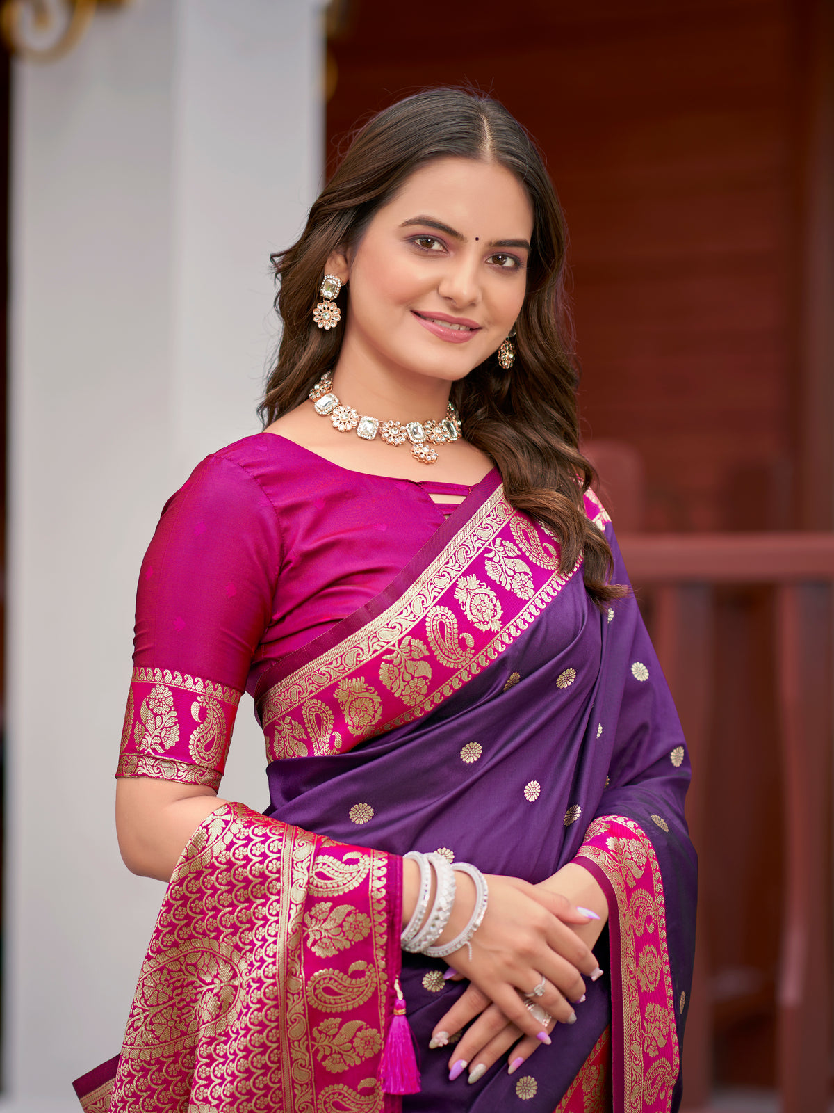 Deep Purple & Magenta Pink Woven Jacquard Silk Saree with Blouse Piece