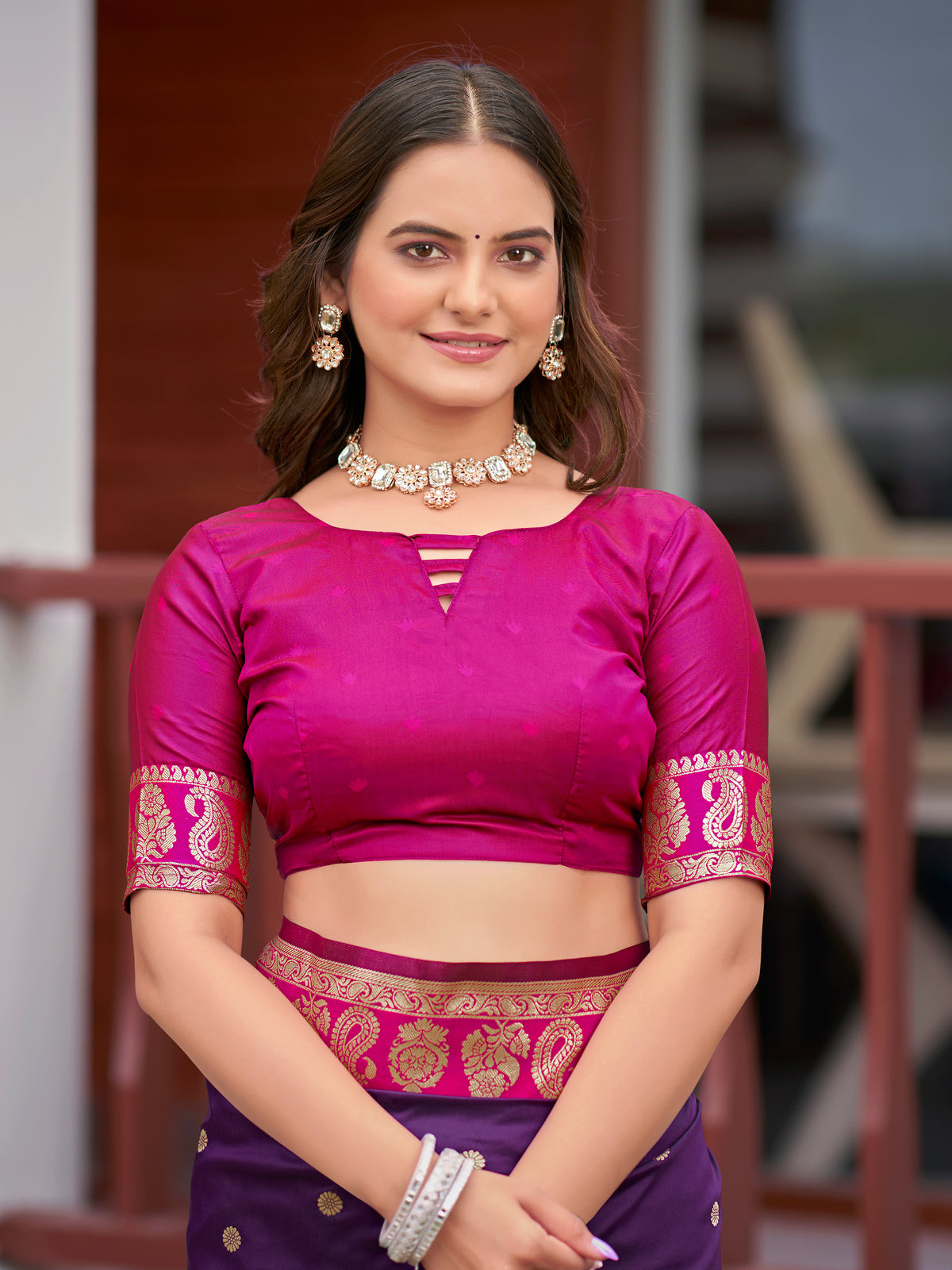 Deep Purple & Magenta Pink Woven Jacquard Silk Saree with Blouse Piece