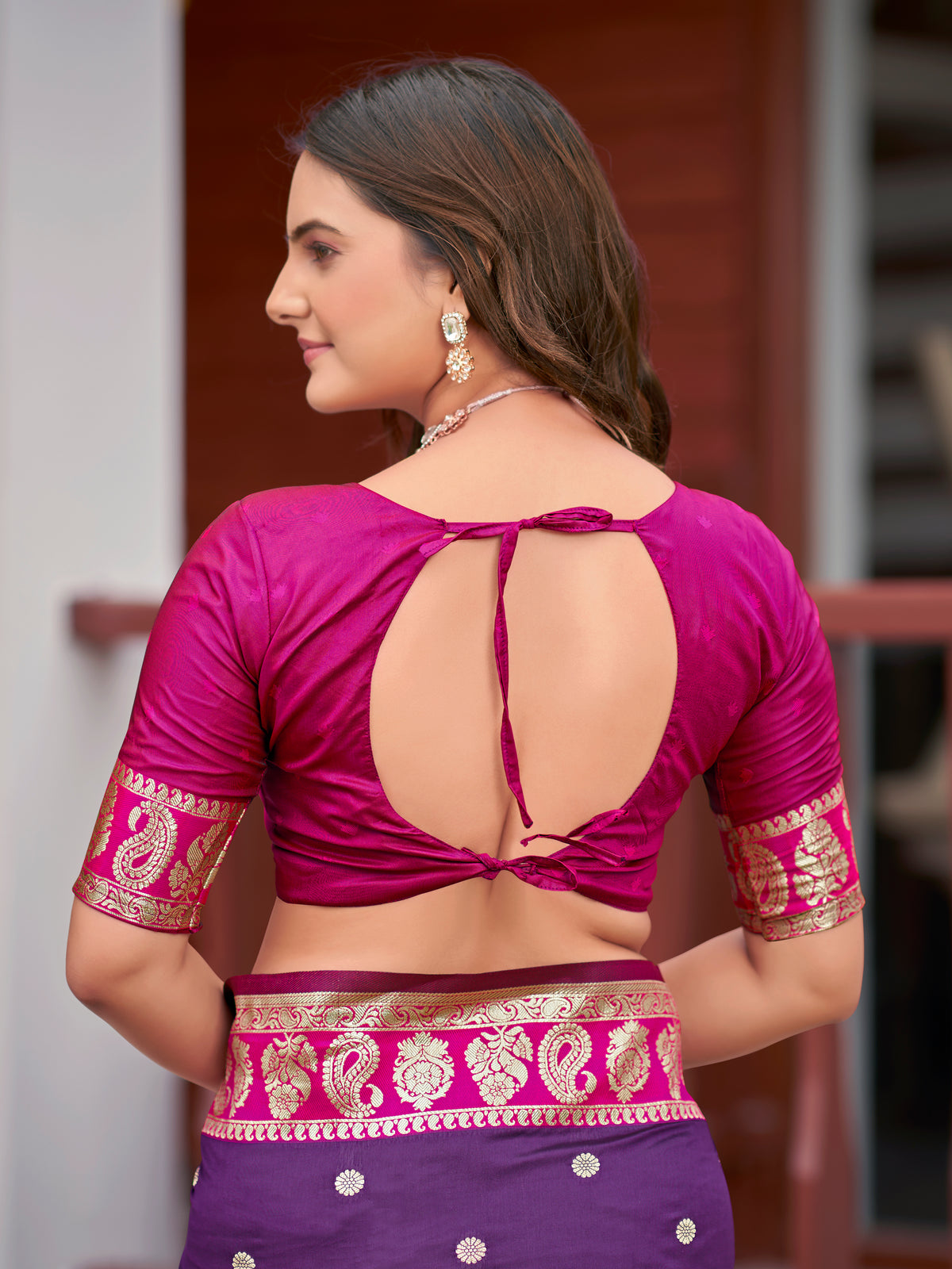 Royal Purple Silk Saree with Magenta Pink & Gold Zari Border | Traditional Indian Ethnic Wear