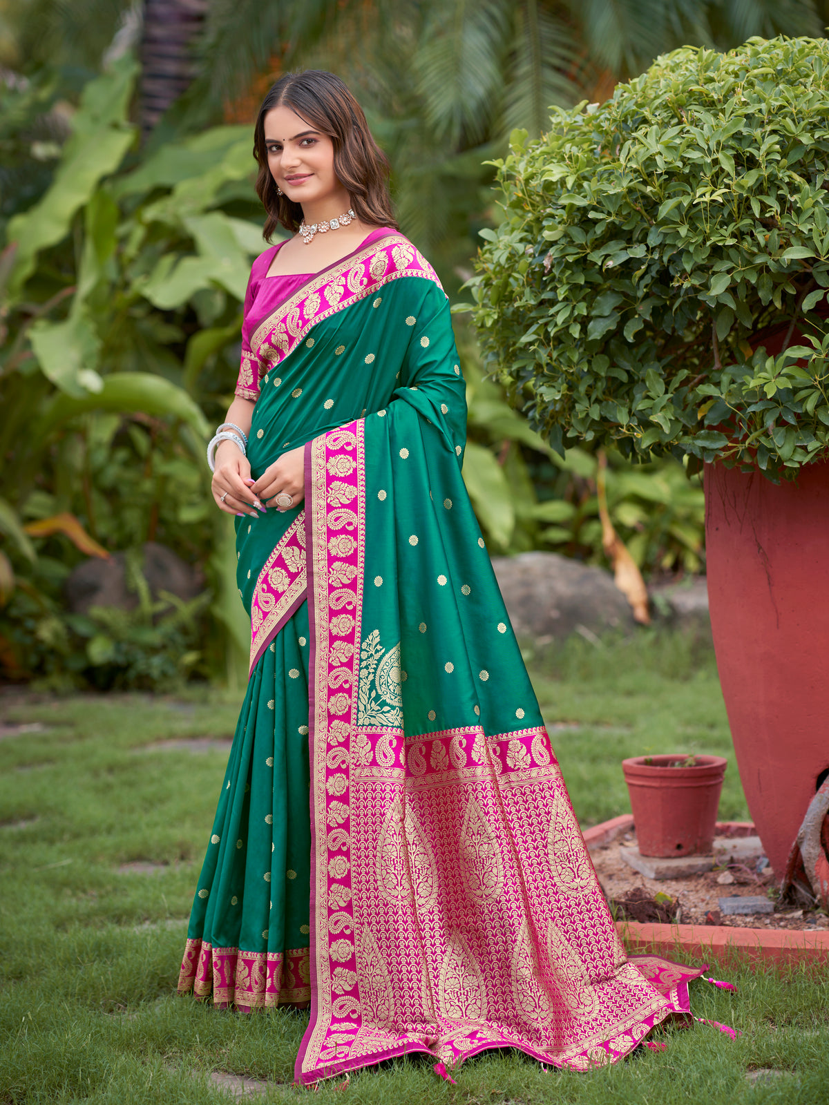 Teal Green & Rani Pink Designer Saree