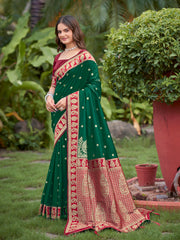 Emerald Green & Maroon Designer Saree with Gold-Tone Butti & Rich Border
