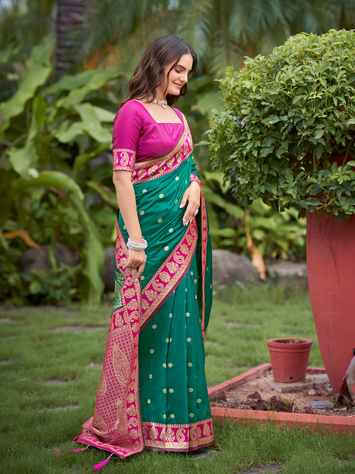 Teal Green & Rani Pink Designer Saree