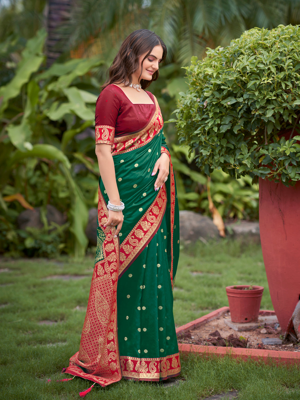 Emerald Green & Maroon Designer Saree with Gold-Tone Butti & Rich Border