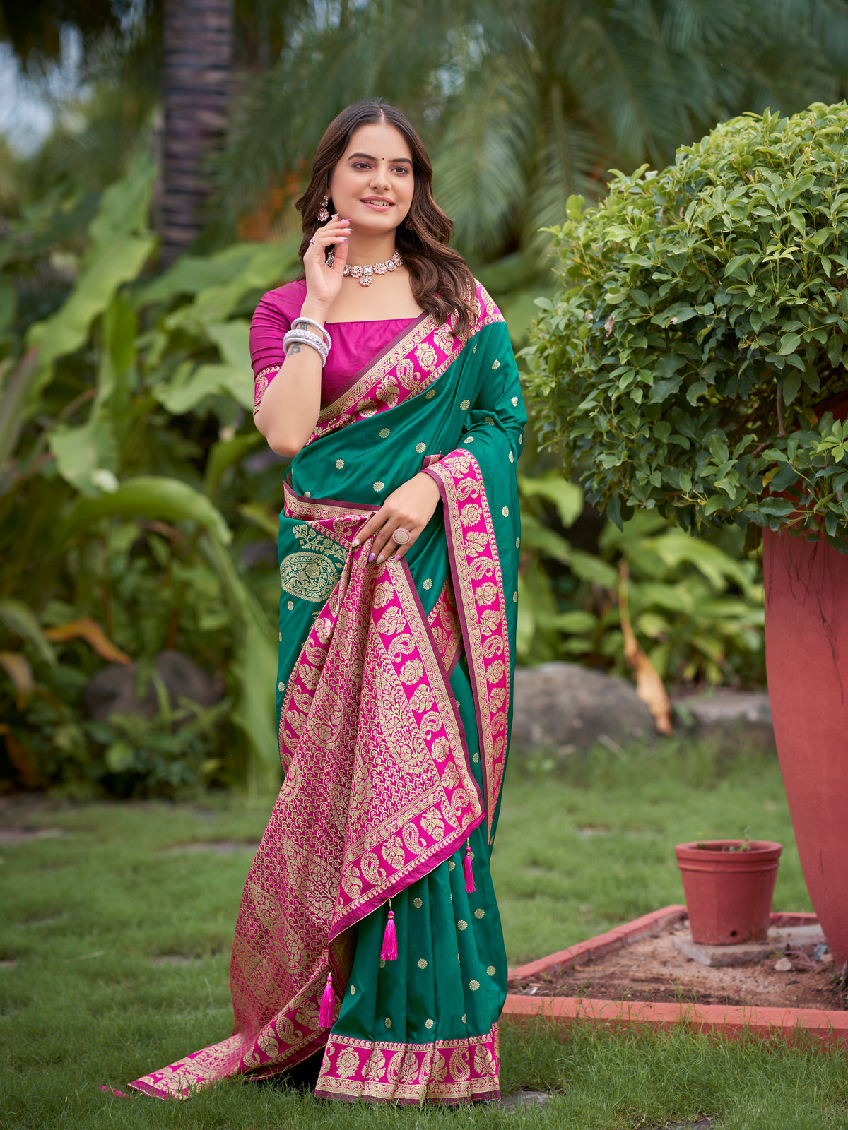 Teal Green & Rani Pink Designer Saree