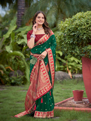 Emerald Green & Maroon Designer Saree with Gold-Tone Butti & Rich Border