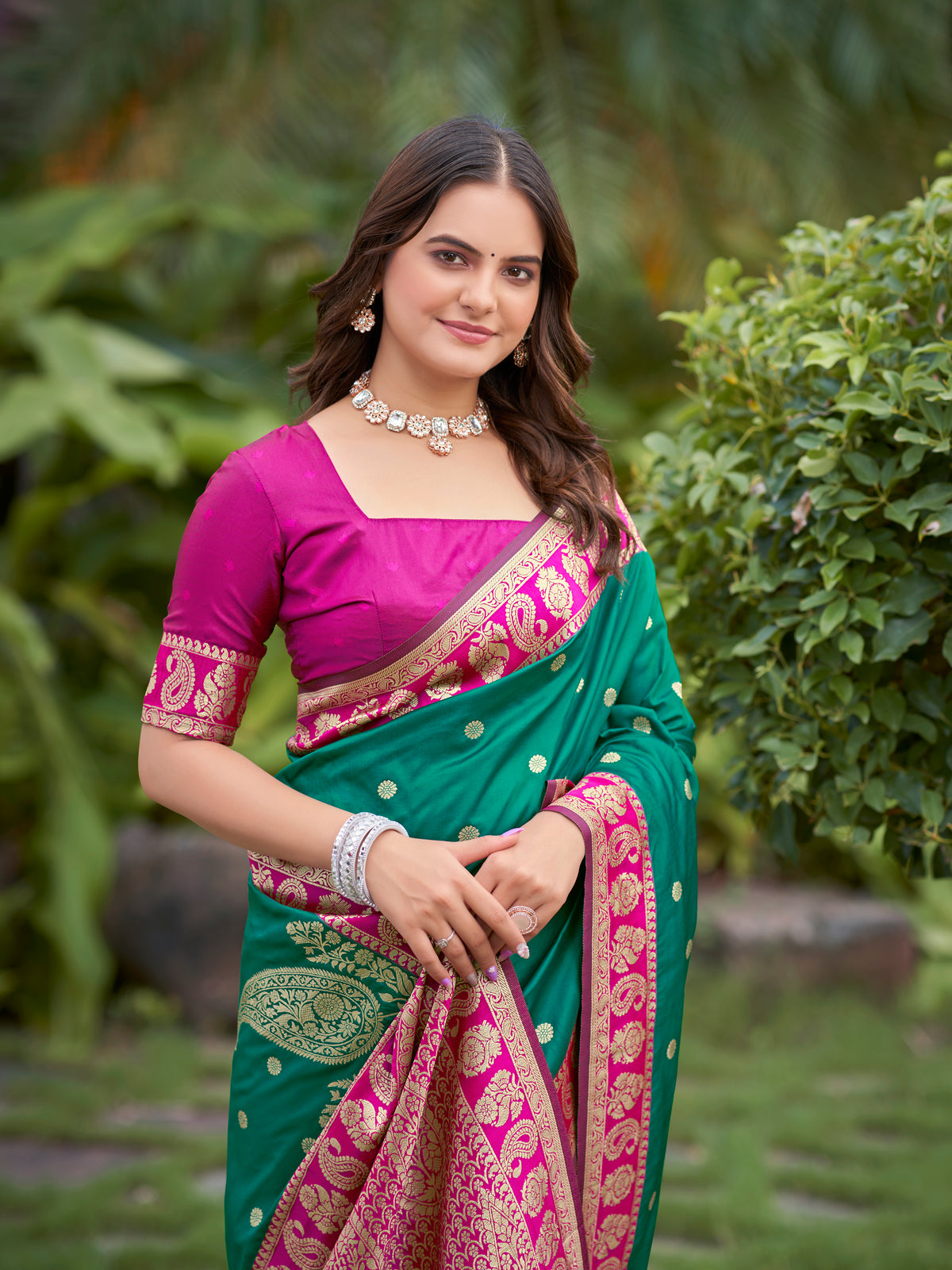 Teal Green & Rani Pink Designer Saree