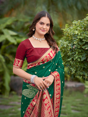 Emerald Green & Maroon Designer Saree with Gold-Tone Butti & Rich Border