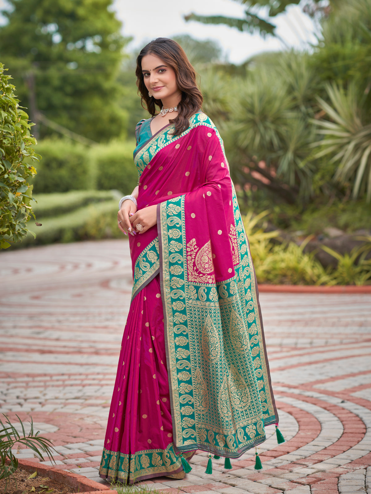 Magenta Pink & Teal Green Designer Saree with Gold-Tone Butti & Woven Border