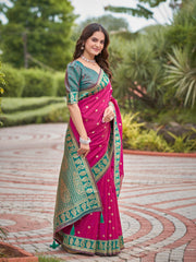 Magenta Pink & Teal Green Designer Saree with Gold-Tone Butti & Woven Border