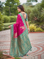 Magenta Pink & Teal Green Designer Saree with Gold-Tone Butti & Woven Border