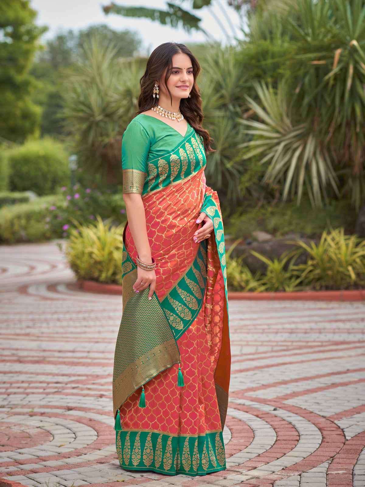 Coral Red & Emerald Green Woven Jacquard Silk Saree with Blouse Piece