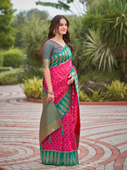 Rani Pink & Peacock Green Woven Jacquard Silk Saree with Blouse Piece