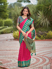 Rani Pink & Peacock Green Woven Jacquard Silk Saree with Blouse Piece