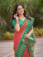 Coral Red & Emerald Green Woven Jacquard Silk Saree with Blouse Piece