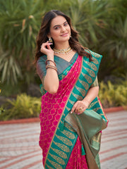 Rani Pink & Peacock Green Woven Jacquard Silk Saree with Blouse Piece