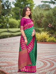Emerald Green & Magenta Pink Woven Jacquard Silk Saree with Blouse Piece