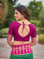 Emerald Green & Magenta Pink Woven Jacquard Silk Saree with Blouse Piece