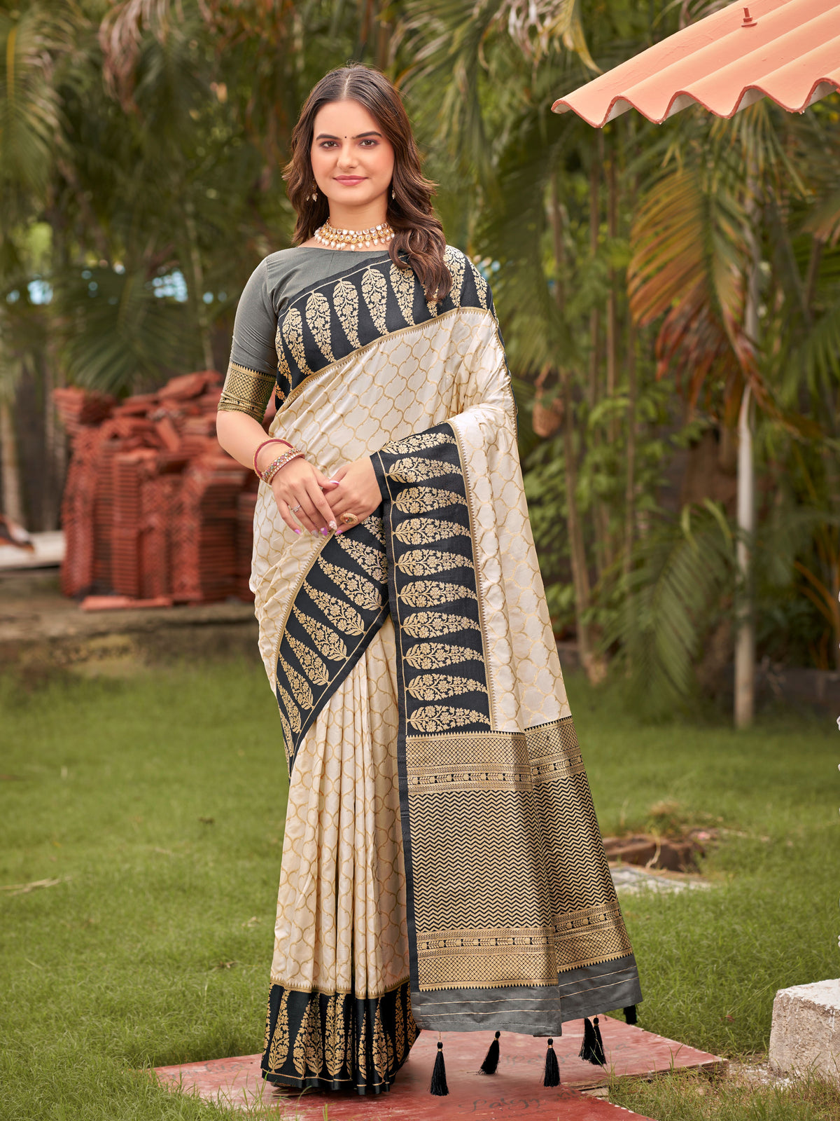 Off-White & Charcoal Grey Woven Jacquard Silk Saree with Blouse Piece