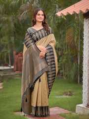 Beige Gold & Charcoal Grey Woven Jacquard Silk Saree with Blouse Piece