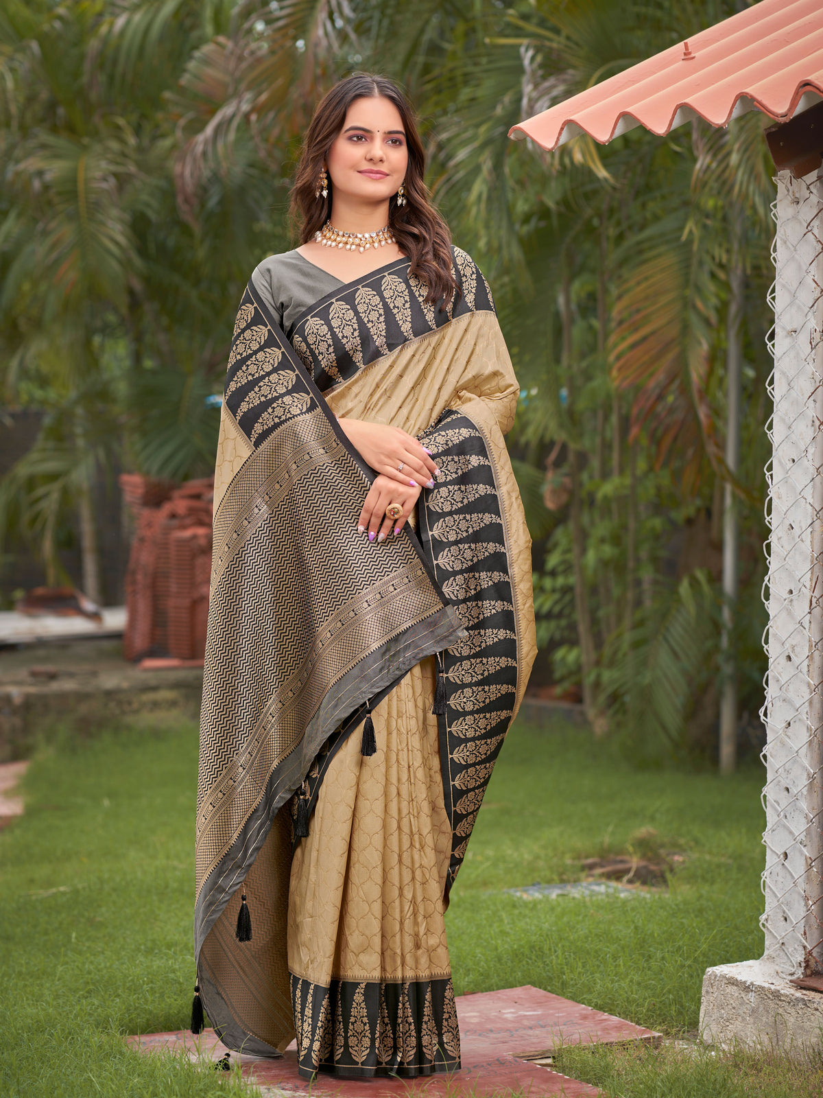 Beige Gold & Charcoal Grey Woven Jacquard Silk Saree with Blouse Piece