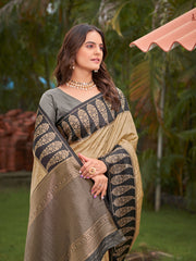 Beige Gold & Charcoal Grey Woven Jacquard Silk Saree with Blouse Piece