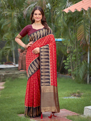 Crimson Red & Dark Wine Woven Jacquard Silk Saree with Blouse Piece